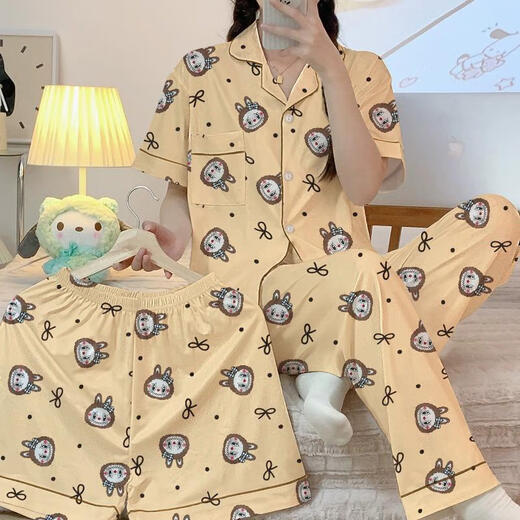 浅物2025新款labubu卡通可爱睡衣女春夏季短袖长裤三件套家居服可外穿 14126#双长拉布布 黄色 三件套  XL  110-130斤
