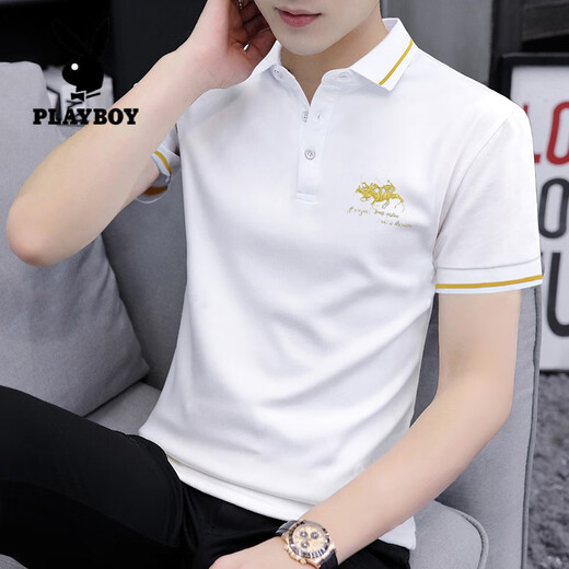 
Playboy (PLAYBOY) short-sleeved T-shirt for men's trendy brand embroidered collar Paul fashionable versatile thin lapel solid color POLO shirt White SK5012 3XL Weight 160-180