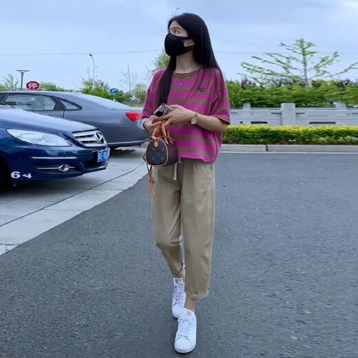 
Hafduo large size women's fat sister summer suit women's fashionable slim striped short-sleeved T-shirt versatile casual pants for women 1389 dragon fruit color top [single] XL [suggested 115-130Jin [Jin equals 0.5 kg]]