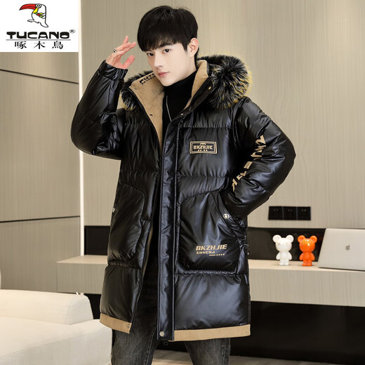Woodpecker (TUCANO) mid-length shiny cotton coat for men 2025 new winter down jacket thickened jacket trendy overcoat black L recommended 100-120 Jin Jin equals 0.5 kg