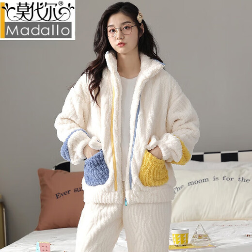 莫代尔冬季法兰绒睡衣女开衫拉链加绒加厚保暖套装甜美可爱珊瑚绒家居服 SMS9904 XL 建议120-140斤