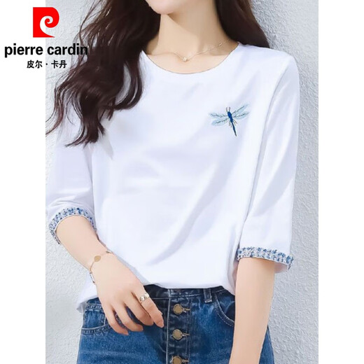 T-shirt Pierre Cardin Cotton Pure Coton blanc à manches mi-manches pour les femmes 2025 Été Nouveau manche à trois quarts à manches courtes et à manches courtes à manches courtes et à manches courtes 1xs328 Blanc + W6172 Blue glacée M 80-105Jin [Jin est égal à 0,5 kg]
