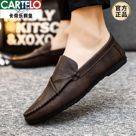 卡帝乐鳄鱼（CARTELO）男士豆豆鞋韩版商务工作休闲皮鞋透气百搭防滑一脚蹬男鞋2025春季 D826黑色 42 偏小