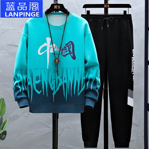 Lanpinge Frühlings- und Herbststil Junior High School und High School College-Schüler Chinesischer Stil Sweatshirt Sport Casual Anzug Jungen und Teenager Trendy Clows Blue (zweiteiliger Set) HX683-K556 L (Empfohlene Höhe 160-165 cm)
