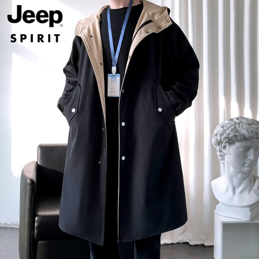 JEEP SPIRIT Men's Windbreaker Jacket Men's Spring and Autumn Mid-Length Coat Teenage Boys British Style Jacket Men's Black L 130-150Jin Jin is equal to 0.5 kg