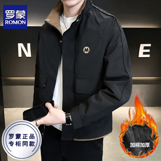 ROMON stand-up collar thickened jacket men's autumn and winter new cotton youth casual workwear cotton top jacket men black thickened 2XL recommended 140-155Jin Jin equals 0.5 kg