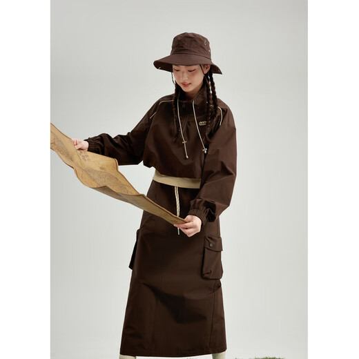 Zihan (ZIHAN) Zihan retro outdoor fake two-piece stand-up collar top straight work skirt two-piece suit women's spring new model Birch Brown M