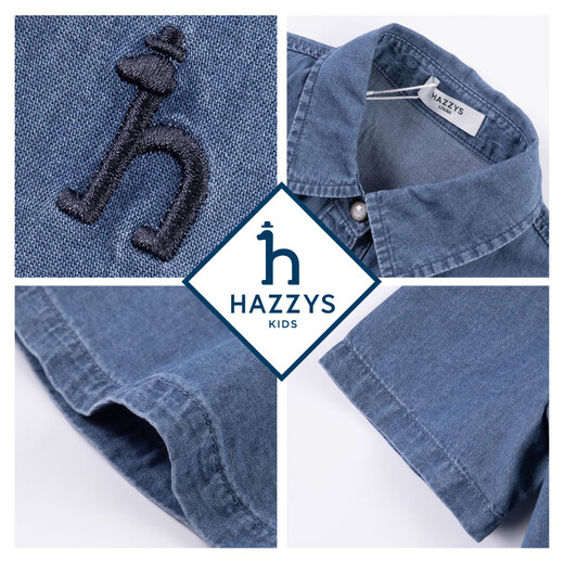 HAZZYS brand children's clothing girls' dress 2025 summer new style thin, comfortable, soft, classic pointed collar simple half-sleeved skirt blue denim 160