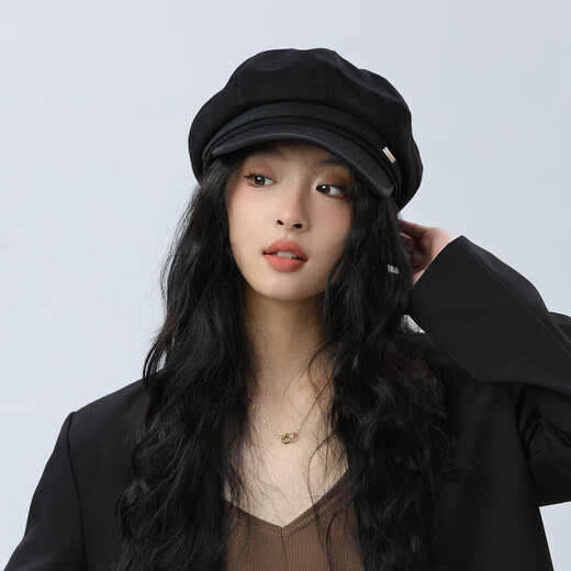 Catman Hat Women's Spring and Autumn Octagonal Hat Fashionable and Versatile Big Head Circumference Showing Face Little Painter Hat British Retro Berry Newsboy Hat Black One Size 56