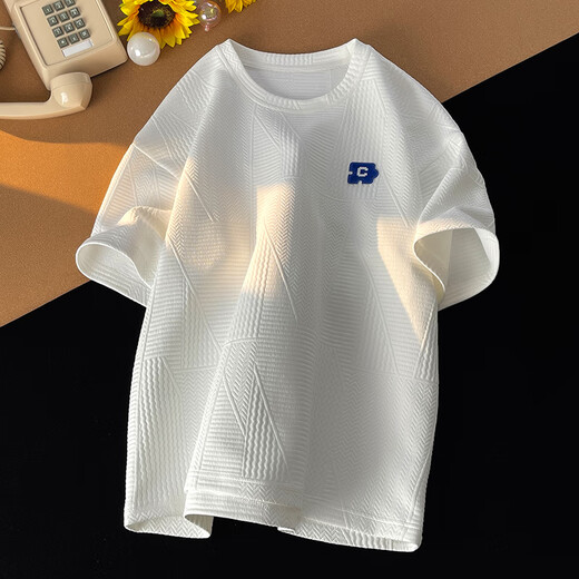 Dingfengbaoluo Hong Kong style short-sleeved T-shirt men's summer loose breathable letter embroidery lazy style inner top JC102 white XL