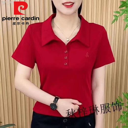 皮尔卡丹（pierre cardin）女士夏季polo衫翻领短袖t恤中年妈妈显瘦运动2025新款遮肚子上衣 9929黑色今年流行的轻奢品牌 4XL 建议160-175斤