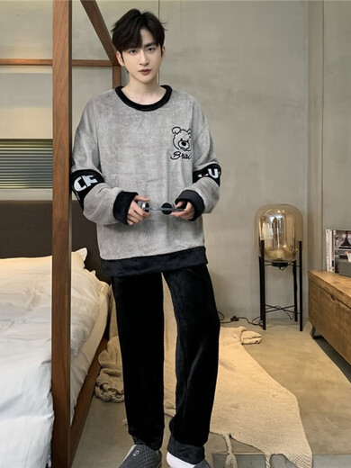 Pyjamas pour hommes et flanelle d'hiver pour hommes épaissis des étudiants de dessin animé rond chaud parmi les jeunes vêtements pour hommes en vrac wyex3890 2xl (recommandé 135-155jin [Jin est égal à 0,5 kg]) toute taille