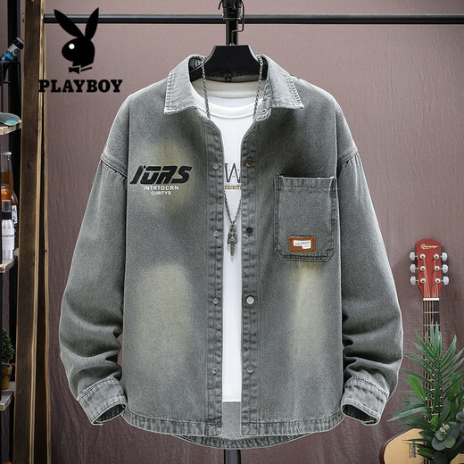 Playboy (PLAYBOY) denim jacket boy spring and autumn new style junior high school and high school teenagers men's handsome college jacket shirt top 9209 [top] black quality assurance L (105-125Jin [Jin equals about 0.5 kg])