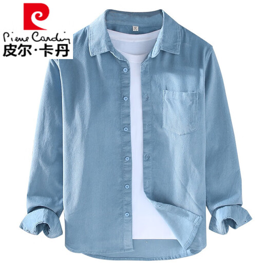 
Pierre cardin autumn corduroy shirt men's long-sleeved loose casual Japanese retro cotton tooling strip velvet cotton shirt jacket light royal blue [9717] XL