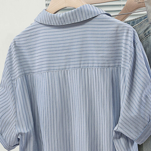 
Cypress Striped Shirt 2025 Summer New Women's Embroidered Lapel Single Bretted Short Sleeve Loose Shirt