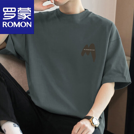 罗蒙（ROMON）260g美式重磅t恤男短袖纯棉圆领上衣服夏季潮流宽松全棉半袖体恤 M09-694黑色 M 【100-120斤】