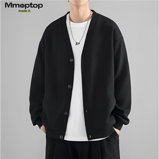 MMOPTOP Japanese solid color sweater long-sleeved men's autumn and winter retro loose V-neck cardigan MT2350 black 2XL