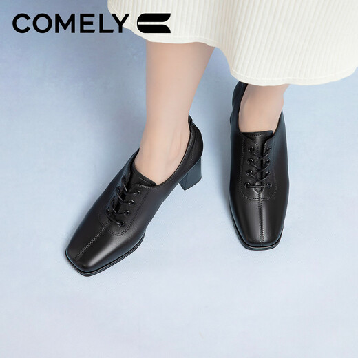 Kang Li's black leather shoes for women's thick heels 2024 autumn new fashion square-toe lace-up French nude boots commuting deep mouth shoes black (sheep leather) 36

