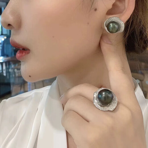 Fat Donglai's same style black pearl pendant Tahitian large particles women's ring earrings necklace temperament s925 silver full black pearl necklace 12-12mm