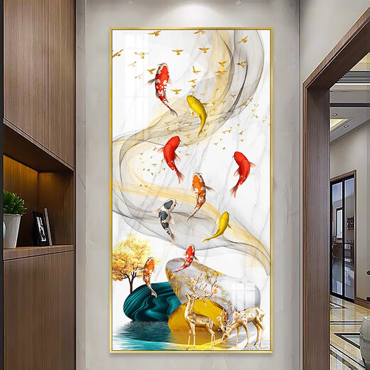 新中式玄关背景墙装饰画感晶瓷壁画九鱼图过道走廊竖版单幅画 TXMG11158 70*140墙宽90-100cm高雅黑铝合