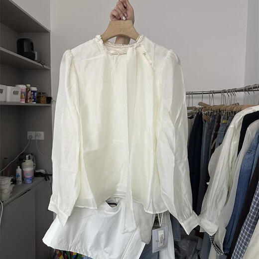 
Yuanpeng Tubuyu 6187 French design bow shirt for women 2025 spring new niche loose versatile shirt off white M