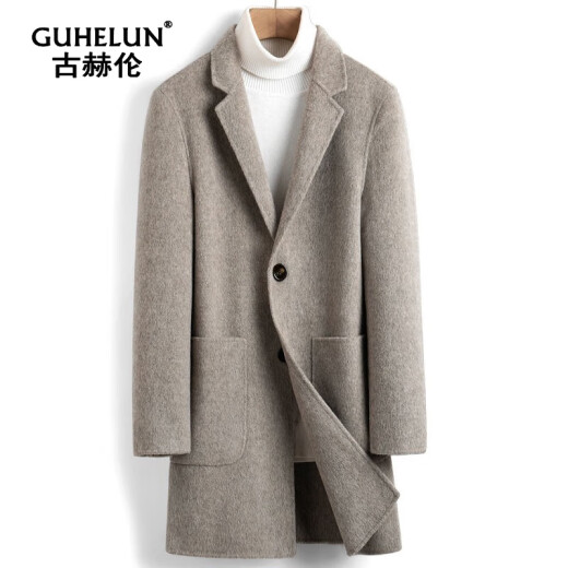 古赫伦（GUHELUN）品牌双面羊毛大衣男中长款阿尔巴卡加厚羊毛风衣大码毛呢外套男 驼色+内胆 M (170) （适合115-130斤）