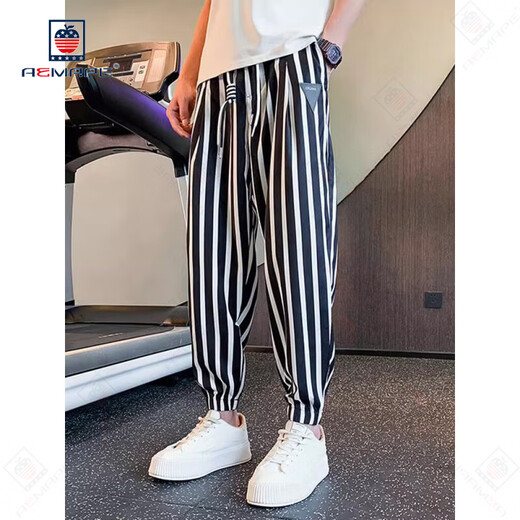 Pantalones casuales de aemape para pantalones de seda de hielo de rayas delgadas para hombres para pantalones de harén sueltos de verano para pantalones de hombres nuevos pantalones recortados estilo principal de imagen principal en forma suelta 120 Jin [Jin iguala 0.5 kg] m