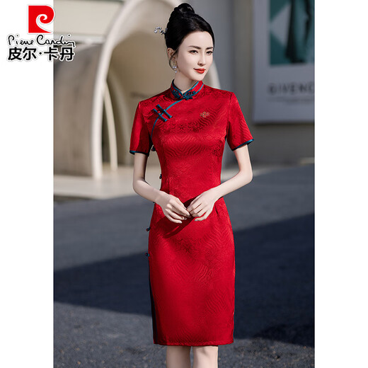 Pier Cardin Flaja Roja Kaisheng Cheongsam Summer Nuevo estilo 2025 Examen de ingreso a la universidad Mom, Vestido portátil diario 677 Verde-+Posto Fringe 4xl