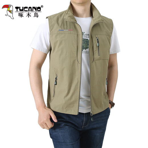 Woodpecker vest men's summer multi-pocket middle-aged photography travel mountaineering vest thin fishing large size vest quick-drying jacket 1906 khaki 2XL