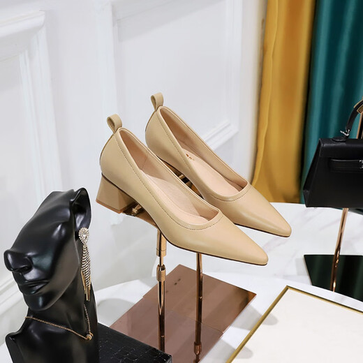 
Woodpecker 12352 Korean style fashionable simple thick heel versatile mid-heel shoes shallow mouth pointed toe professional OL office worker women's shoes off white 35