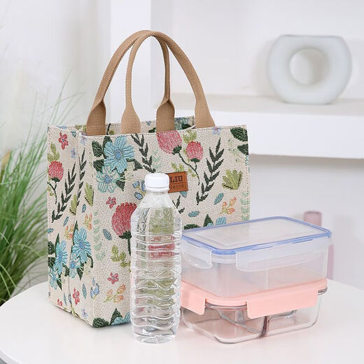 途尊上班新款带饭盒袋子加厚外出午餐手提包帆布妈咪便携小拎包高颜值 米白色花朵 升级款式背面有拉链口袋