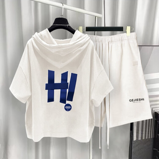 Xiapinli Hong Kong style hooded short-sleeved suit men's summer trendy printed T-shirt set White 9215 XL suitable (130-150Jin [Jin equals 0.5 kg])