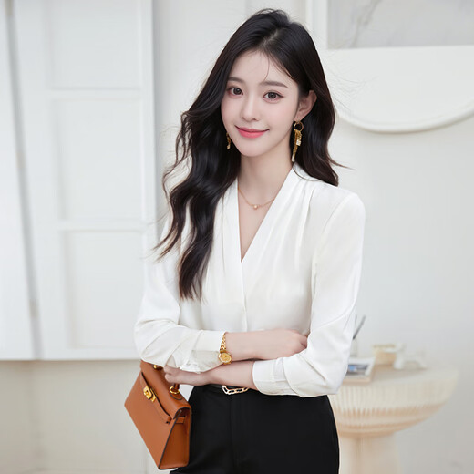 Troman white professional shirt women's long-sleeved V-neck temperament casual no-iron spring and autumn inner top slimming chiffon shirt