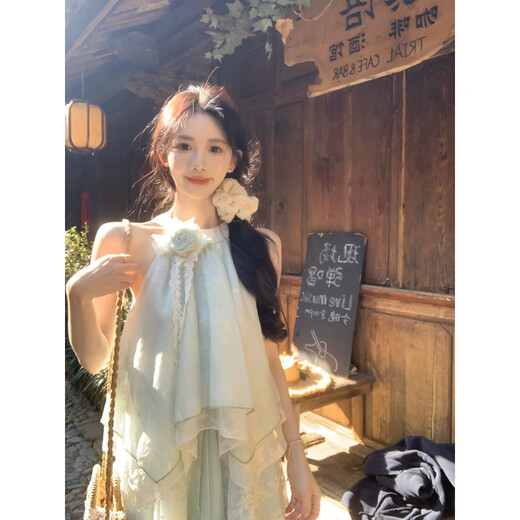 Bei Xianqi 2025 summer new style spliced ​​vacation temperament sweet temperament seaside sleeveless loose dress Mint green dress M