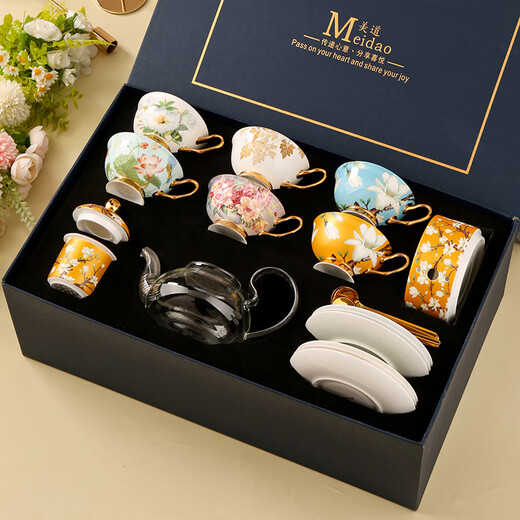 Heart-decorated garden, beautiful way, beautiful flower teapot, candle, heated teapot, teapot, afternoon tea tea set, glass health pot (6 cups and saucers + magnolia yellow flower teapot), red gift box, blooming flowers + bird stand