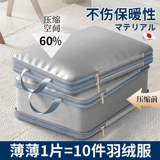 JCZS Japanese down jacket storage bag double-layer zipper compression clothes cotton quilt fabric bag wardrobe home storage bag large dark gray (45*35*22CM) 145*70CM