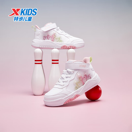 特步童鞋儿童板鞋女童小童革面皇冠装饰防滑耐磨缓震高帮魔术贴板鞋 特步白/复古粉 31