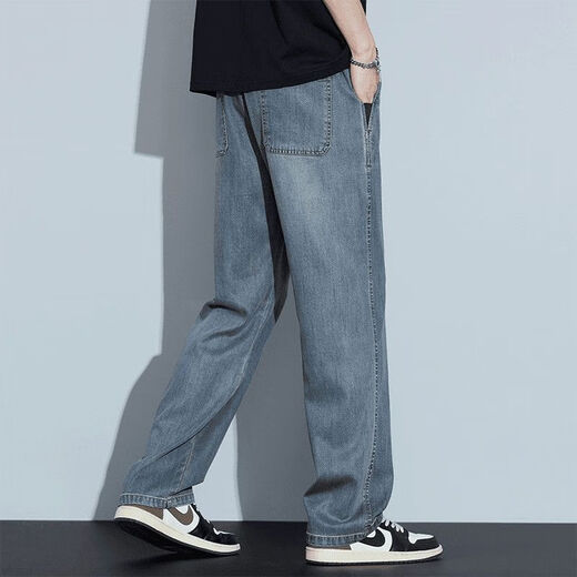 Jeanswest High-End Tensil Jeans Herren Sommer Dünne amerikanische Modemarke Retro losen lässigen, häufigen langen Hosen mit weit langen Hose 3019 Retro Blau [winziger dünner Stil] 30