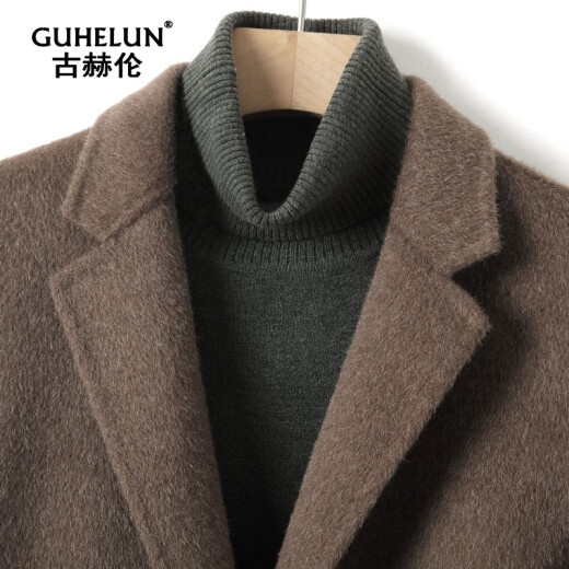 古赫伦（GUHELUN）品牌双面羊毛大衣男中长款阿尔巴卡加厚羊毛风衣大码毛呢外套男 驼色+内胆 M (170) （适合115-130斤）