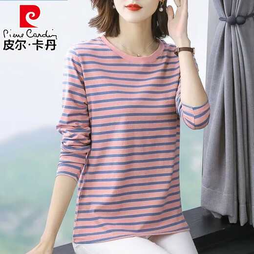 Pierre Cardin Loose Lose Long Ärmel-T-Shirt für Frauen 2025 Frühling und Herbst Neues modisches inneres Basishemd sowie vielseitiges Frühspring-T-Shirt Top für Frauen 6623 Gelb [Big Stripes l Vorschlag [105-120jin [Jin gleich 0,5 kg]
