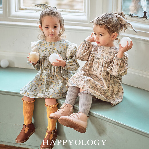 Happyology British children's new spring and summer children's clothing skirt retro long-sleeved embroidered lace girls' dress with vine walnut branches-blue gray 86 (86cm)