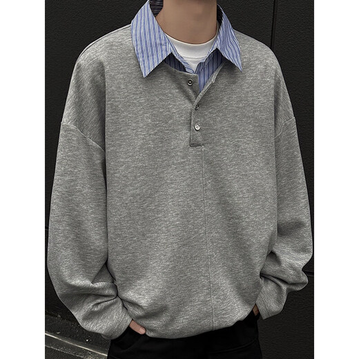 Pugesi (PUGESI) fat man large size fake two-piece contrasting color polo sweatshirt men's Henry collar spring and autumn loose plus fat shirt collar top jacket A001-W2343 black regular 4XL 180-205Jin Jin equals 0.5 kg