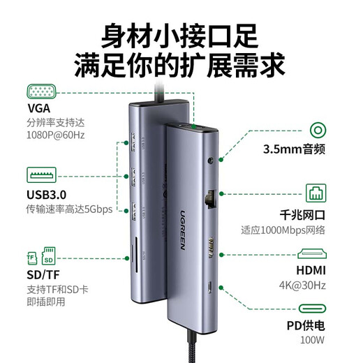绿联CM498 Type-C扩展坞DP雷电千兆网口HDMI分线转换器音频10合1 CM498-15601 10合1