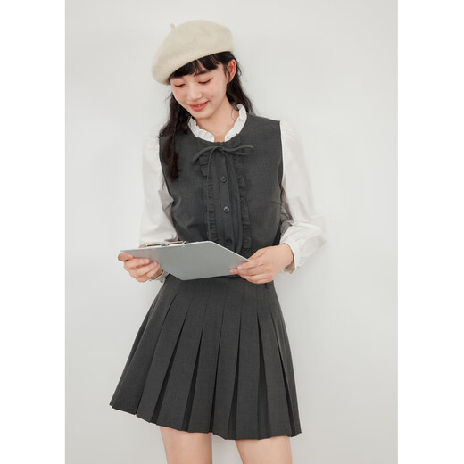 Zihan (ZIHAN) Zihan fungus fake two-piece patchwork shirt A-line pleated skirt two-piece suit for women 2025 spring new style Gray M