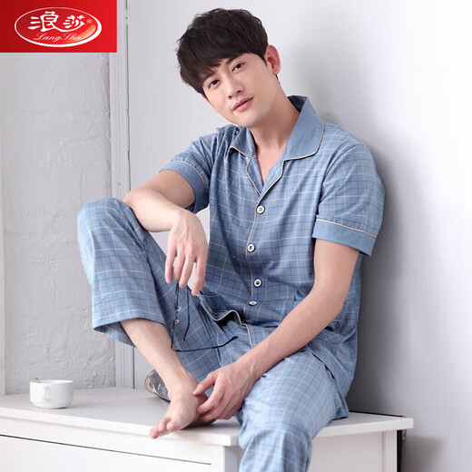 
Langsha pure cotton pajamas men's spring and summer short-sleeved trousers summer plus-size cardigan home clothing two-piece set thin style 691 M wear 90-100 Jin [Jin equals 0.5 kg]