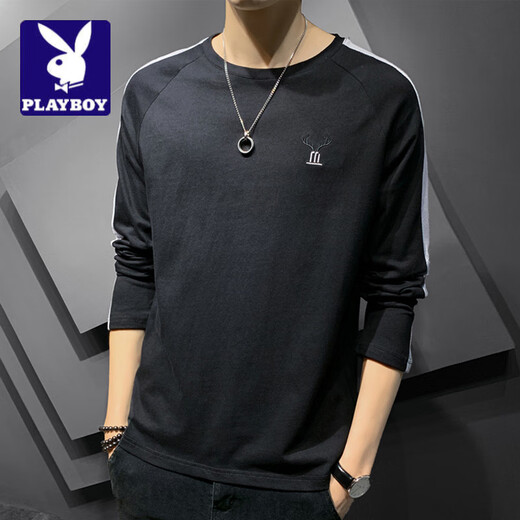 花花公子;PLAYBOY长袖t恤男春秋季2025新款打底衫纯色上衣宽松休闲百搭圆领卫衣男 DS692白色 M (约90-110斤可穿)