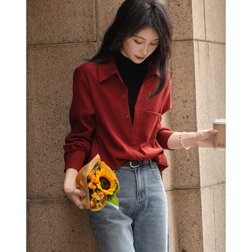 Demana Commuting Layer Tool Spring and Autumn Retro 150D Brushed Shirt Lapel Long Sleeve Shirt Women's Top