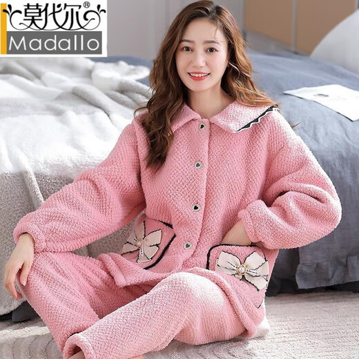 莫代尔冬季法兰绒睡衣女加绒加厚休闲开衫珊瑚绒甜美可爱保暖家居服套装 KQ3271 M
