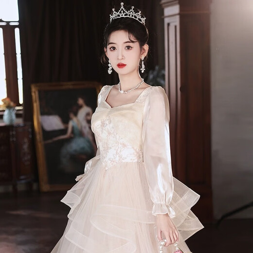 Li Baixin evening dress for women 2025 new style high-end adult ceremony banquet light luxury high-end annual meeting host dress spring champagne color L recommended 105-110Jin Jin equals 0.5 kg