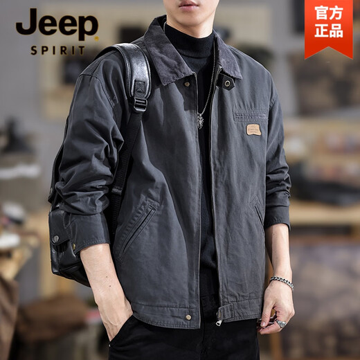 JEEP SPIRIT American retro cotton work jacket men's spring and autumn new Detroit loose large size versatile lapel jacket dark gray L suitable weight 130-145Jin Jin equals 0.5 kg